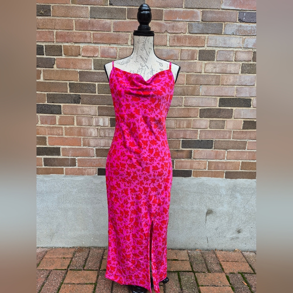 Hot Pink & Red Floral Satin Cowl Neck High Slit Midi Dress
